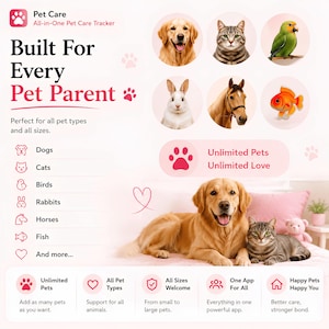 May include: A digital pet care tracker advertisement featuring the text Pet Care All-in-One Pet Care Tracker, Built For Every Pet Parent, and Unlimited Pets Unlimited Love. It displays icons and photos of a dog, cat, bird, rabbit, horse, and fish.