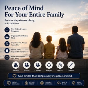 May include: A digital document organizer titled Peace of Mind For Your Entire Family. It features icons for parents, spouse, children, lawyer, doctor, and executor. Text highlights include instant download, lifetime access, and printable summaries.