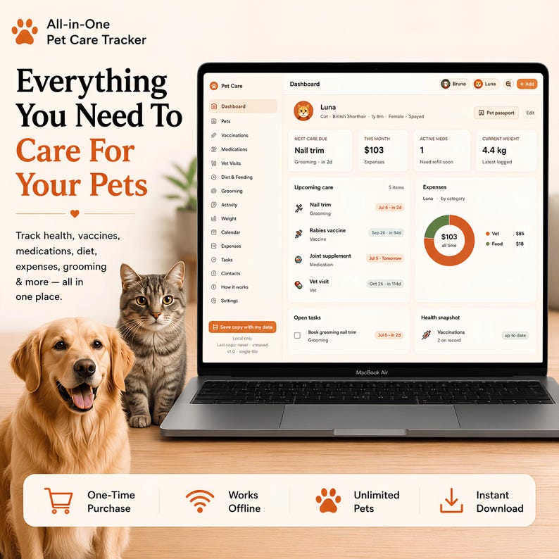 Pet Care App, Offline Health Vaccine Vet Medication Log, Grooming Diet Weight Expense Reminder Calendar, Dog Cat Planner Digital HTML File