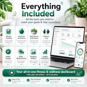 May include: A digital fitness and wellness dashboard displayed on a laptop and smartphone. The interface features icons for weight tracking, nutrition, meal planning, workout logs, habit tracking, body measurements, progress photos, and analytics.