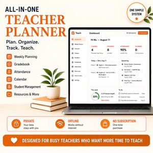 Könnte beinhalten: Ein digitaler Lehrerplaner auf einem Laptop-Bildschirm mit einem Dashboard für Klassen-, Schüler- und Anwesenheitsdaten. Der Text lautet All-In-One Teacher Planner, Plan. Organize. Track. Teach. und Designed for busy teachers who want more time to teach.