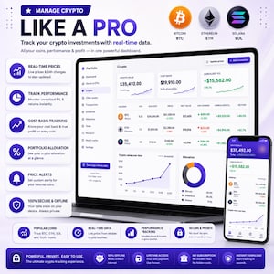 May include: A digital dashboard interface for tracking cryptocurrency investments displayed on a laptop screen and a smartphone. The layout features real-time price charts, portfolio allocation, and performance metrics for Bitcoin, Ethereum, and Solana.
