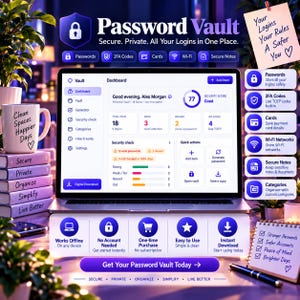 Könnte beinhalten: Ein Laptop mit einer Password Vault Dashboard-Oberfläche und Sicherheitskennzahlen, umgeben von einer Tasse mit der Aufschrift Clean Spaces Happier Days, Büchern mit der Aufschrift Secure, Private, Organize, Simplify, Live Better und einem Notizblock.