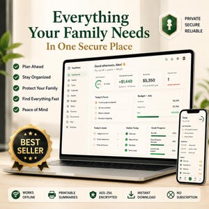May include: A laptop and smartphone displaying the FamNest dashboard interface with financial, task, and habit tracking widgets. Text includes Everything Your Family Needs In One Secure Place, Private Secure Reliable, and a Best Seller gold badge.