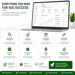 May include: A laptop displaying an SEO dashboard with analytics, surrounded by green icons and text labels including Keyword Research, Rank Tracking, Content Planning, Backlink Tracking, On-Page SEO, Technical SEO, Local SEO, and Performance Analytics.