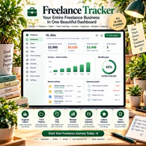 Pode incluir: Uma interface de painel digital intitulada Freelance Tracker exibindo métricas de negócios, incluindo receitas, despesas e status de projetos. A tela mostra um perfil de usuário para Alex, um gráfico de barras de receita e uma lista de tarefas.