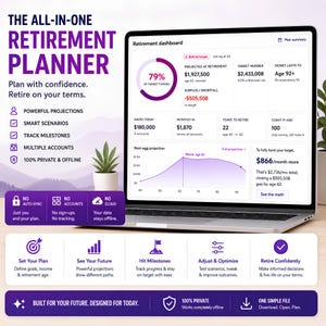 Peut inclure: Un ordinateur portable affichant un tableau de bord de retraite avec des projections financières, des graphiques et des données. L'écran présente le texte THE ALL-IN-ONE RETIREMENT PLANNER, Plan with confidence et divers indicateurs.