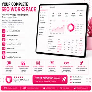 May include: A digital tablet displays an SEO dashboard with charts, keyword data, and performance metrics. The surrounding text highlights features like data-driven insights, offline functionality, and secure encryption for an all-in-one SEO workspace.