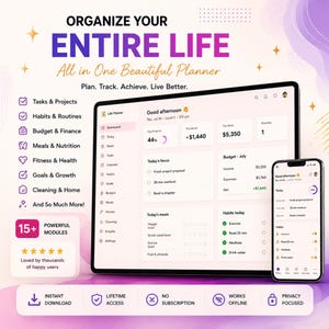 May include: A digital life planner interface displayed on a tablet and smartphone screen. The dashboard features sections for tasks, habits, budget, meals, and fitness. Text includes "ORGANIZE YOUR ENTIRE LIFE," "15+ POWERFUL MODULES," and "INSTANT DOWNLOAD."