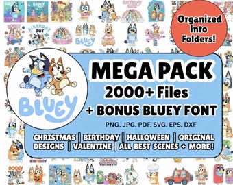 2000+ Bluey PNG Mega Bündel |  Bluey Familie Comicfiguren | Blaue Clipart für Cricut Silhouette | Sofort Download