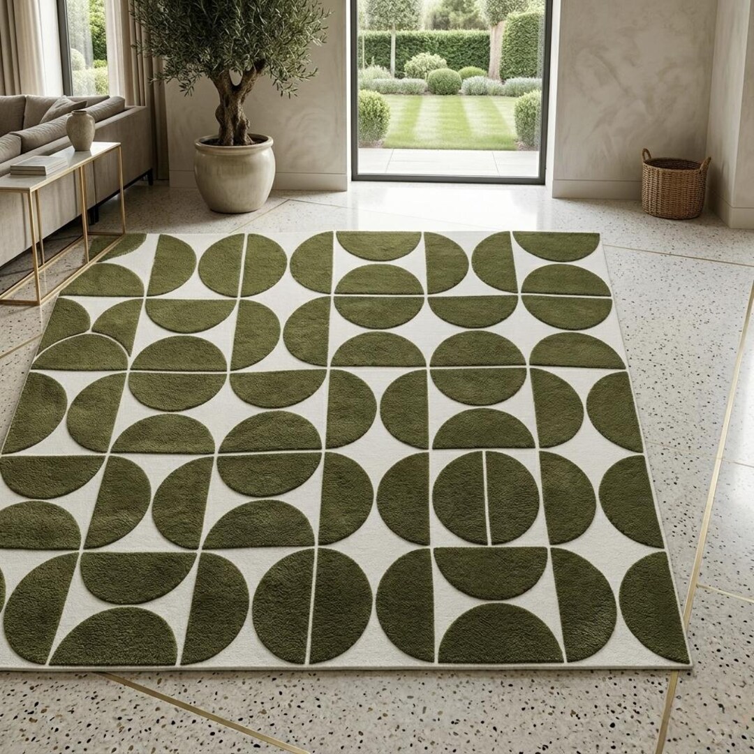 Olive Green Geometric Tufted Wool Rug, Mid Century Modern Carpet - Etsy