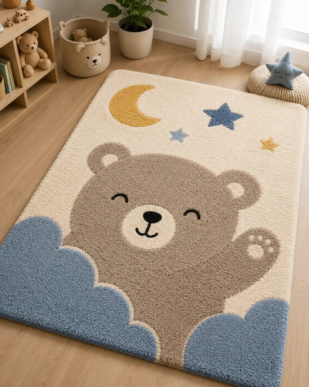 Teddy Bear Nursery Rug, Plush Kids Room Rug, Moon Star Baby Playroom ...