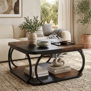 May include: A two-tiered coffee table with a black metal frame and a combination of dark wood and black surfaces. The table features a lower shelf and curved metal supports. A vase with greenery, a bowl, and books are on the table.