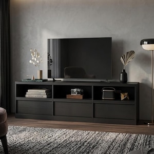 May include: A dark wood entertainment center with a large flat-screen TV. The center has open shelves and drawers, displaying books, a camera, and decorative items. A gray rug and a floor lamp are also visible.
