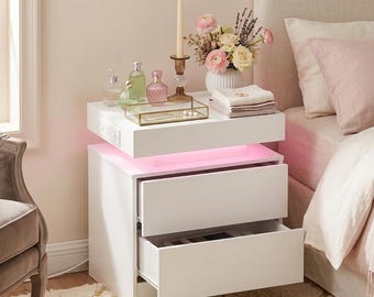 Bedside Table With Charging Station And LED Light Night stand