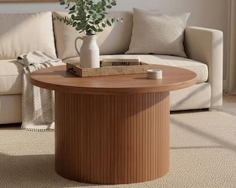 Round Walnut Coffee Table Mid Century Tambour Drum Table