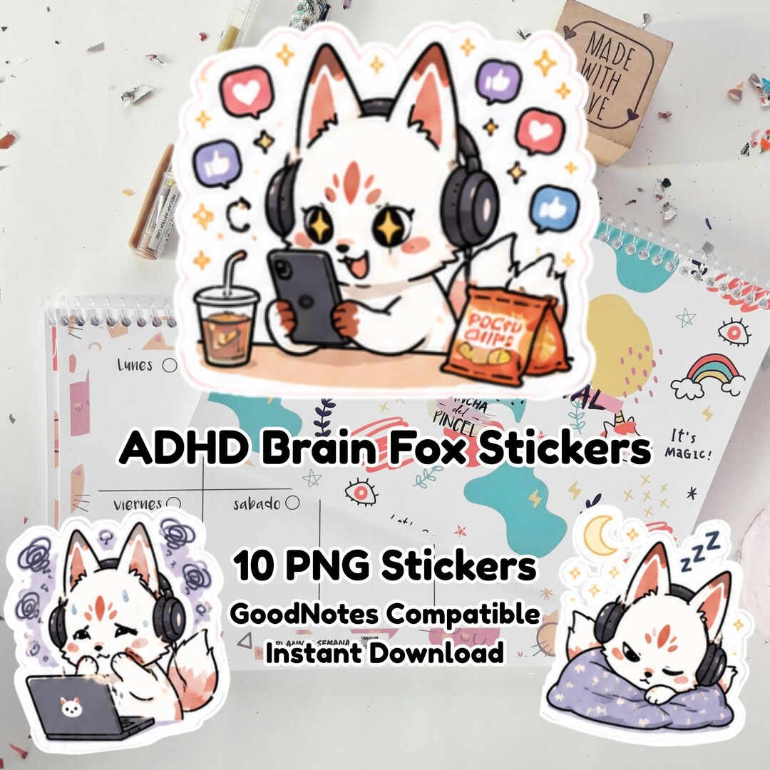 ADHD Brain Fox Stickers | Kawaii Mental Health Planner PNG (digital ...