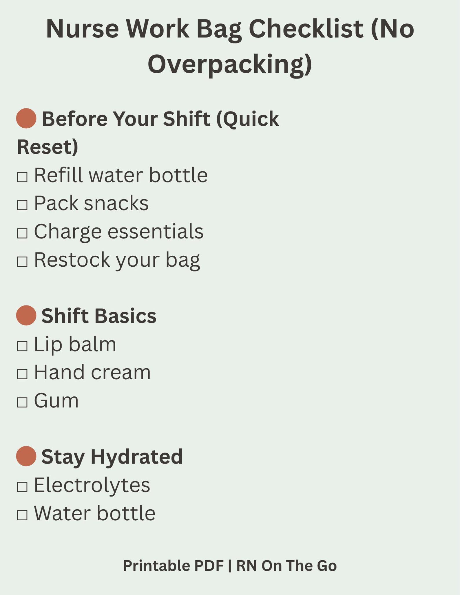 Nurse Work Bag Checklist Printable PDF, Nurse Essentials List, Night ...