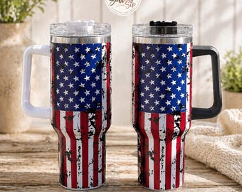 40oz American Flag Tumbler Stars and Stripes Red White and Blue, Insulated Travel Mug with Handle Lid, NO STRAW Included, 4th of July Gift