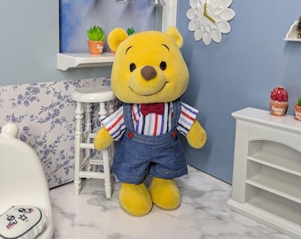 Handgemaakte NuiMOs denim overalls en gestreepte shirtset (past 6" nuiMOs)