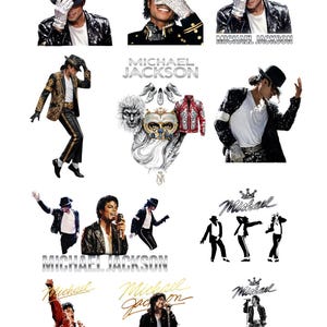 Op de afbeelding: Een collage van afbeeldingen met Michael Jackson in verschillende poses en outfits. De afbeeldingen tonen de zanger met een zwarte fedora, paillettenjacks en kenmerkende handschoenen. De tekst "Michael Jackson" is aanwezig.