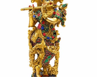 Estatua de Lord Krishna de latón puro / Murti de Krishna hecha a mano / Ídolo del dios hindú con acabado dorado / Decoración para el templo del hogar / Regalo espiritual / Arte indio