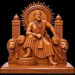 May include: A detailed brown wooden sculpture depicting Chhatrapati Shivaji Maharaj seated on a throne. The figure wears traditional attire, a turban, and holds a sword. The throne features two carved lion heads and a sunburst halo design.