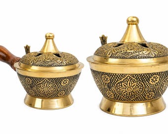 Olla de mayordomo de latón hecha a mano, recipiente grabado con tapa, mango de madera, vajilla india.