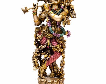 Ídolo artesanal del Señor Krishna con flauta, imagen espiritual del dios hindú, decoración para el hogar para la oración (Pooja).