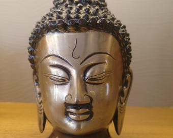 Handcrafted Brass Buddha Head Statue | Meditative Zen Sculpture, Antique Finish Home Accent
