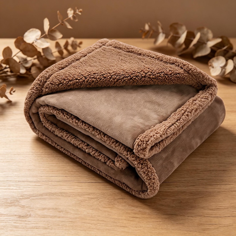 May include: A folded, brown blanket with a plush, sherpa-like trim. The blanket is a solid color and appears soft and warm. The blanket is folded neatly, showcasing the contrasting textures of the fabric.