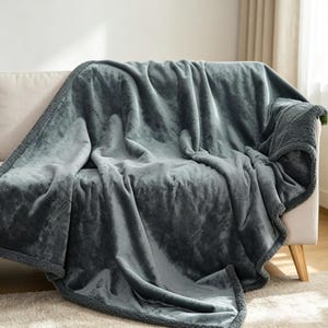 May include: A plush, gray blanket draped over a beige sofa. The blanket has a soft, velvety texture on one side and a fuzzy, sherpa-like texture on the other. The edges are trimmed with a darker gray border, creating a cozy and inviting look.