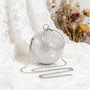 Disco Ball Clutch Purse for Women, Round Rhinestone Evening Bag, 4.9 Inch Crystal Sparkling Party Handbag with Long Chain