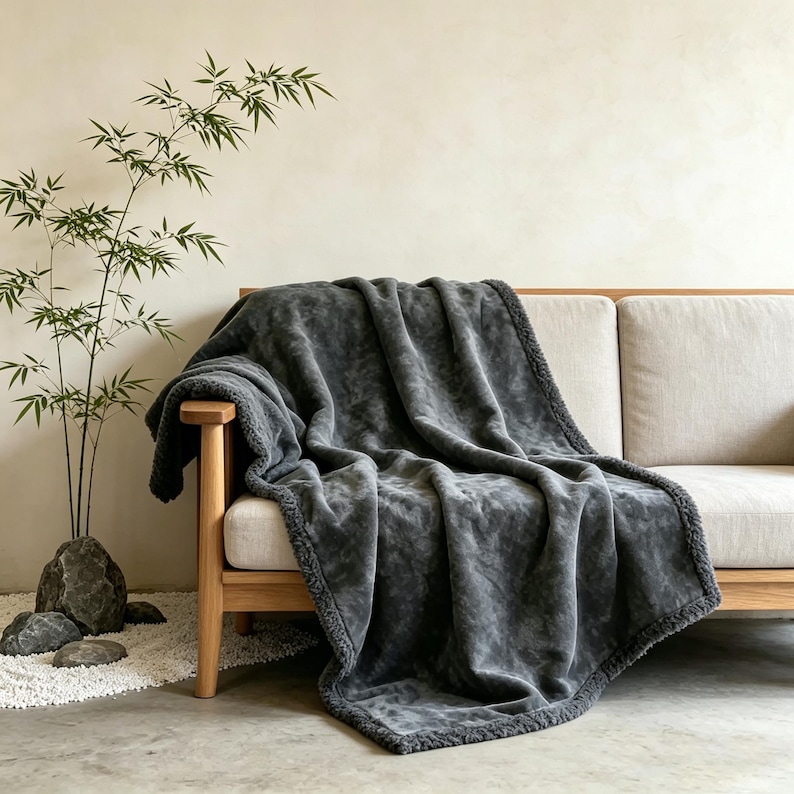 May include: A charcoal gray plush blanket draped over a light-colored sofa. The blanket has a soft, velvety texture and a contrasting, textured border. The sofa is made of light-colored fabric and has a wooden frame. A bamboo plant is in the background.