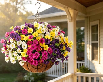 12Pcs UV Resistant Artificial Petunias, Faux Hanging Flowers with Baskets, Realistic Outdoor Decor for Front Porch, Spring Yard Decoration