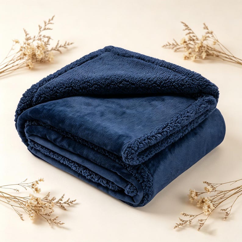May include: A folded navy blue blanket with a plush, velvety texture. The blanket has a soft, sherpa-lined border. The blanket is made of a soft, comfortable material.