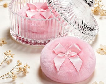 3pc Powder Puff Soft Powder Puff and Container, Dusting Powder Container with Puff, Glass Crystal Case for Soft Velour Body Powder Puff Pink