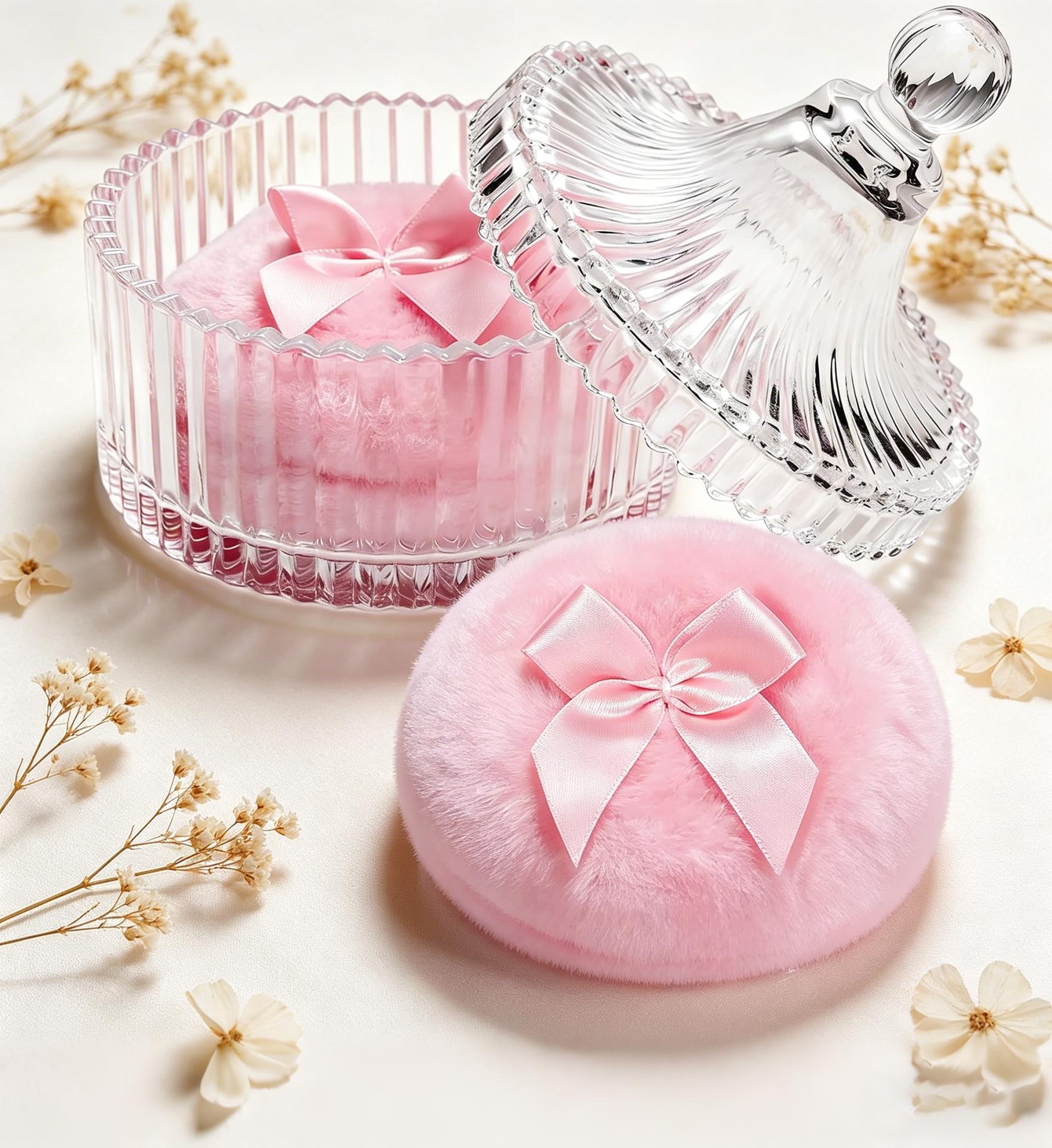3pc Powder Puff Soft Powder Puff and Container, Dusting Powder Container with Puff, Glass Crystal Case for Soft Velour Body Powder Puff Pink