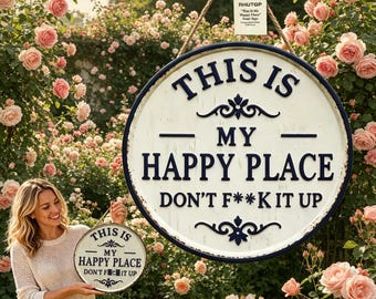 This Is My Happy Place Vintage Metal Sign, Retro Farmhouse Round Wall Art, Rustic Hanging Decor,Ornament for Porch Garden Living Room