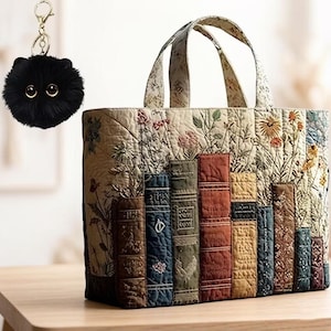 May include: A quilted tote bag featuring a printed design of colorful book spines and wildflowers, paired with a fluffy black cat-shaped keychain. The bag has two fabric handles and a rectangular structure with detailed stitching throughout.