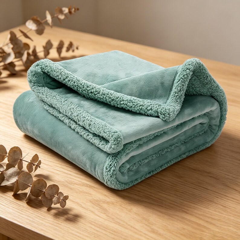 May include: A folded, soft, mint green blanket with a plush, sherpa-like border. The blanket is made of a velvety material and is folded neatly on a wooden surface. The overall aesthetic is cozy and inviting, perfect for home decor.