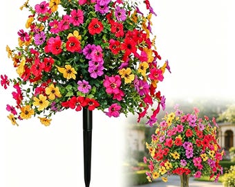 UV耐性人工ペチュニア（支柱付き） - 22インチ屋外用造花（庭、庭、プランター用）｜ポーチや家の装飾にリアルな仕上がり