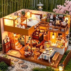 May include: A detailed miniature dollhouse with two stories, featuring a bedroom, living room, and kitchen. The dollhouse has a wooden frame, with miniature furniture, lighting, and decorative elements. The exterior includes a garden with a stone path and bamboo.