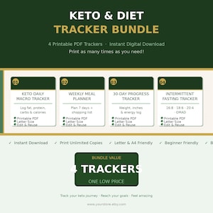 Op de afbeelding: Een digitale Keto & Diet Tracker Bundle met vier afdrukbare PDF-trackers. De bundel bevat trackers voor dagelijkse macro's, wekelijkse maaltijdplanning, 30-dagen-voortgang en intermittent fasting. Het ontwerp is groen en wit.