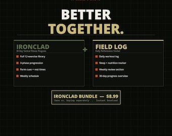 IRONCLAD Bündel | 30-Tage-Tactical Fitness-Programm + Täglicher Leistungstracker | Druckbare PDF | Kein Equipment Workout-Plan für Männer