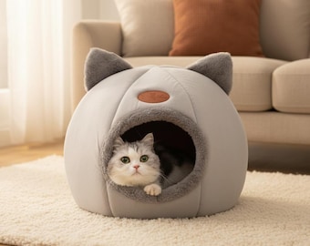Soft Plush Cat Cave: Playful Cat Face Design, Cozy Pet Hideaway, Gray Kitten Nest