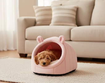 Plush Pet Cave Bed: Light Pink Hideaway for Small Dogs, Cats with Ear Accents