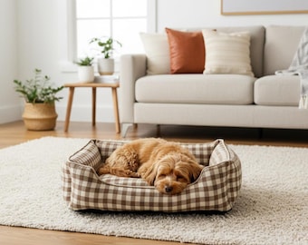Cama acogedora a cuadros para mascotas con funda extraíble para perros y gatos pequeños y medianos.