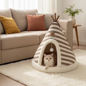 May include: A beige and brown striped teepee-style cat bed with a white fluffy interior. A light-colored cat is inside the bed, looking out. The bed has a bear applique and a white pom-pom hanging inside.