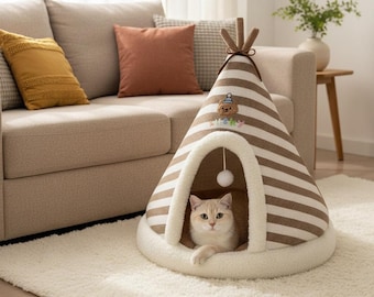 Tienda de campaña acogedora para gatos con estampado de rayas, de tela suave, tipo tipi para interiores, ideal para jugar y descansar.